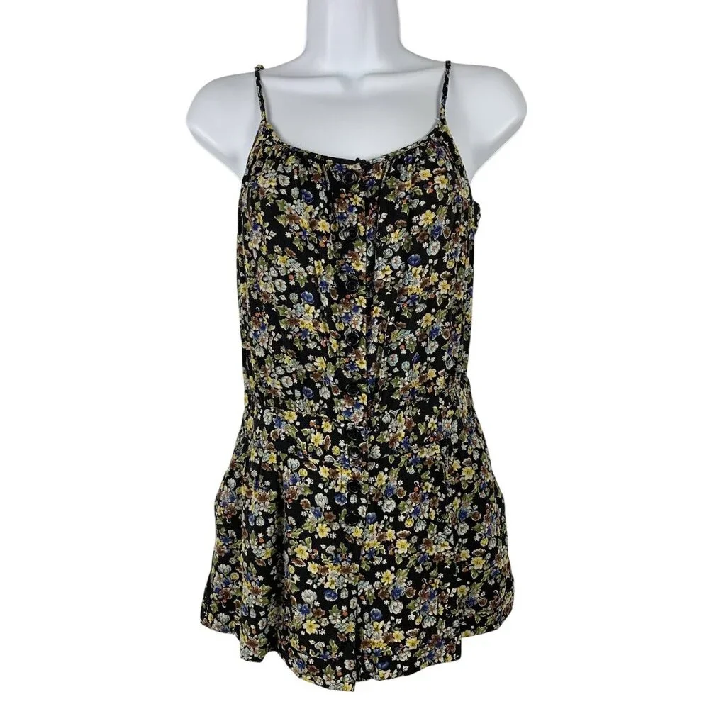 XXI Floral Button-Down Romper Womens Spaghetti Straps Black Multicolor Size SP - Picture 1 of 9
